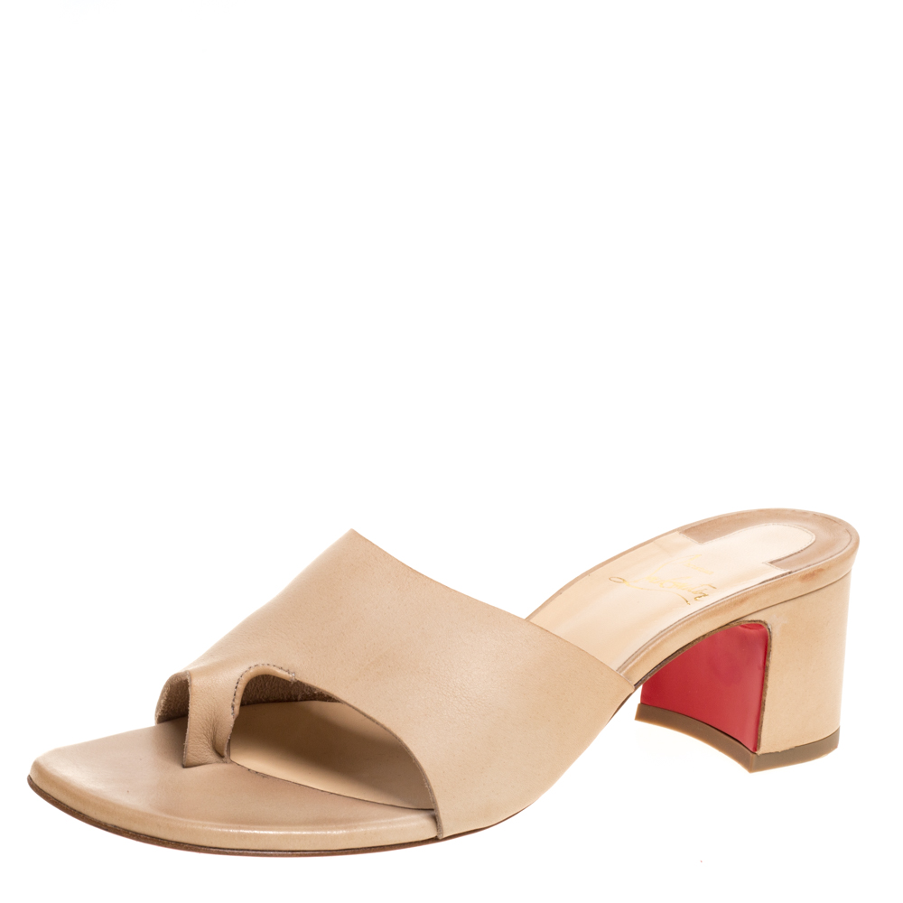 Image of Christian Louboutin Beige Leather Block Heel Slide Sandals Size