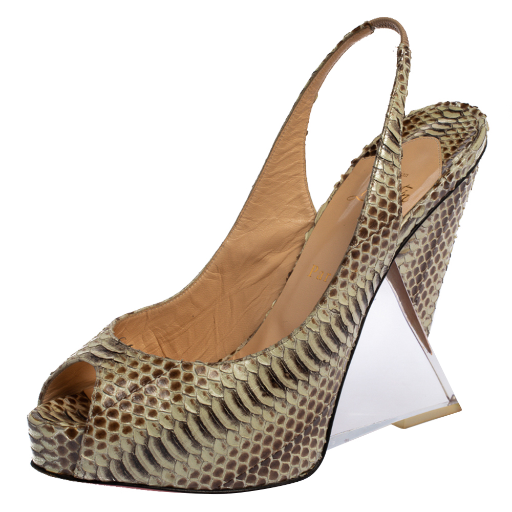 Image of Christian Louboutin Beige Python Leather Rosemin Ayer Peep Toe Slingback Wedge Sandals Size