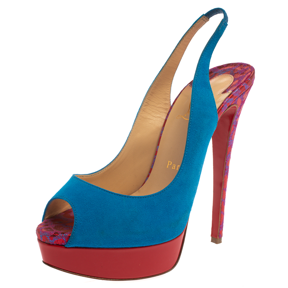 Christian louboutin blue/red suede and fabric lady peep sling pumps size 37