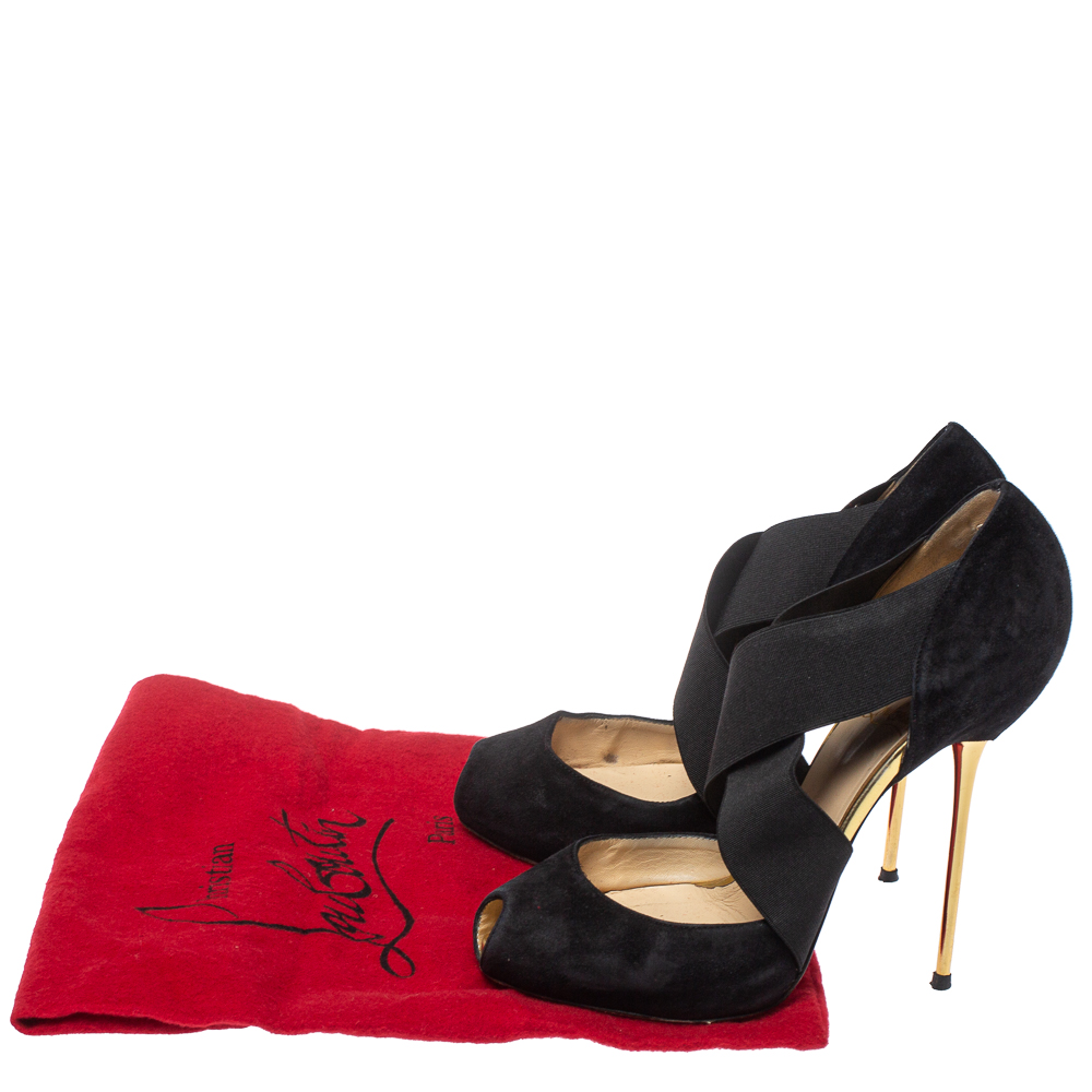 Christian Louboutin Black Suede And Elastic Cross Strap Peep Toe Sandals Size 38