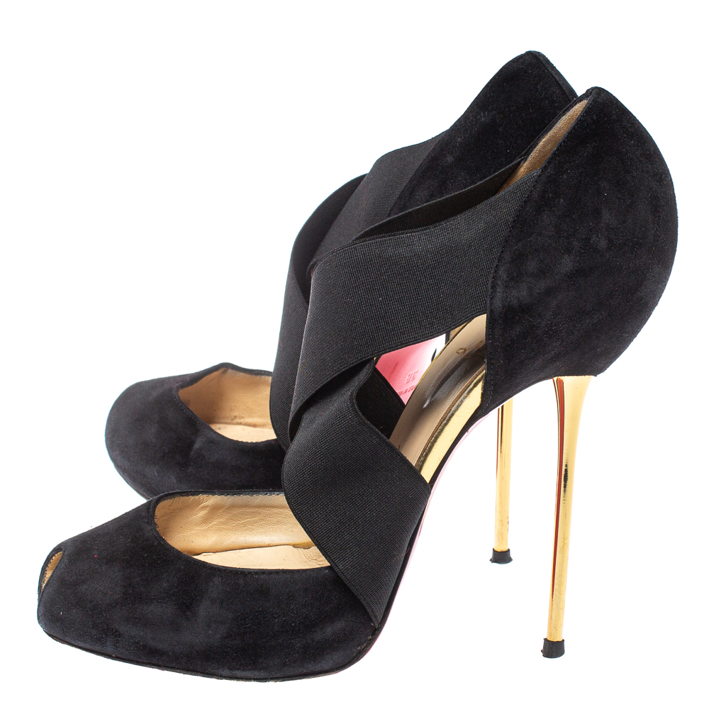 Christian Louboutin Black Suede And Elastic Cross Strap Peep Toe Sandals Size 38