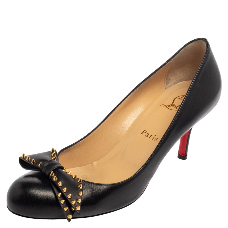 Christian Louboutin Black Leather Ballerina Spike Bow Pumps Size 39