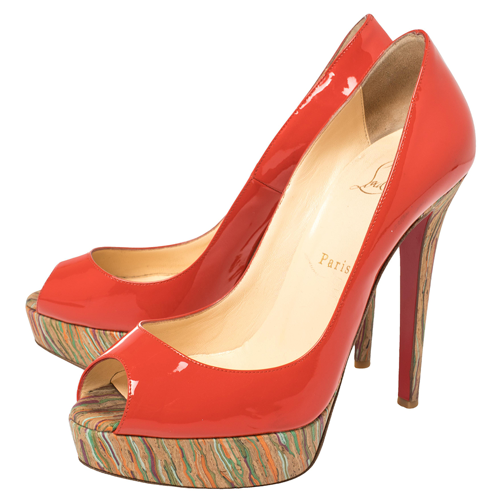 Christian Louboutin Red Patent Leather And Cork Lady Peep Toe Platform Pumps Size 38.5