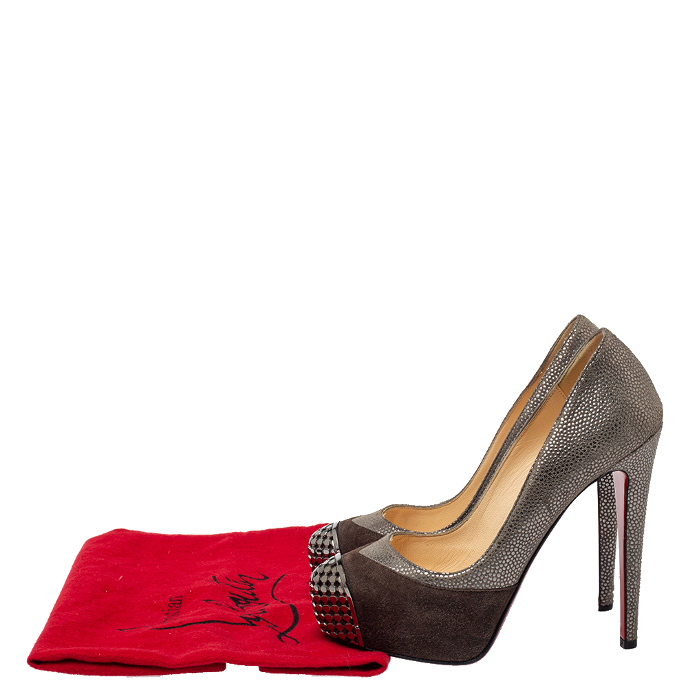 Christian Louboutin Two Tone Textured Suede Maggie Embellished Cap Toe Platform Pumps Size 35