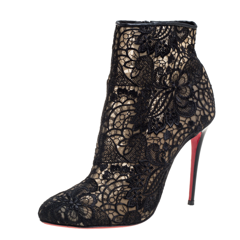 Christian Louboutin Black Lace Miss Tennis Ankle Boots Size 37