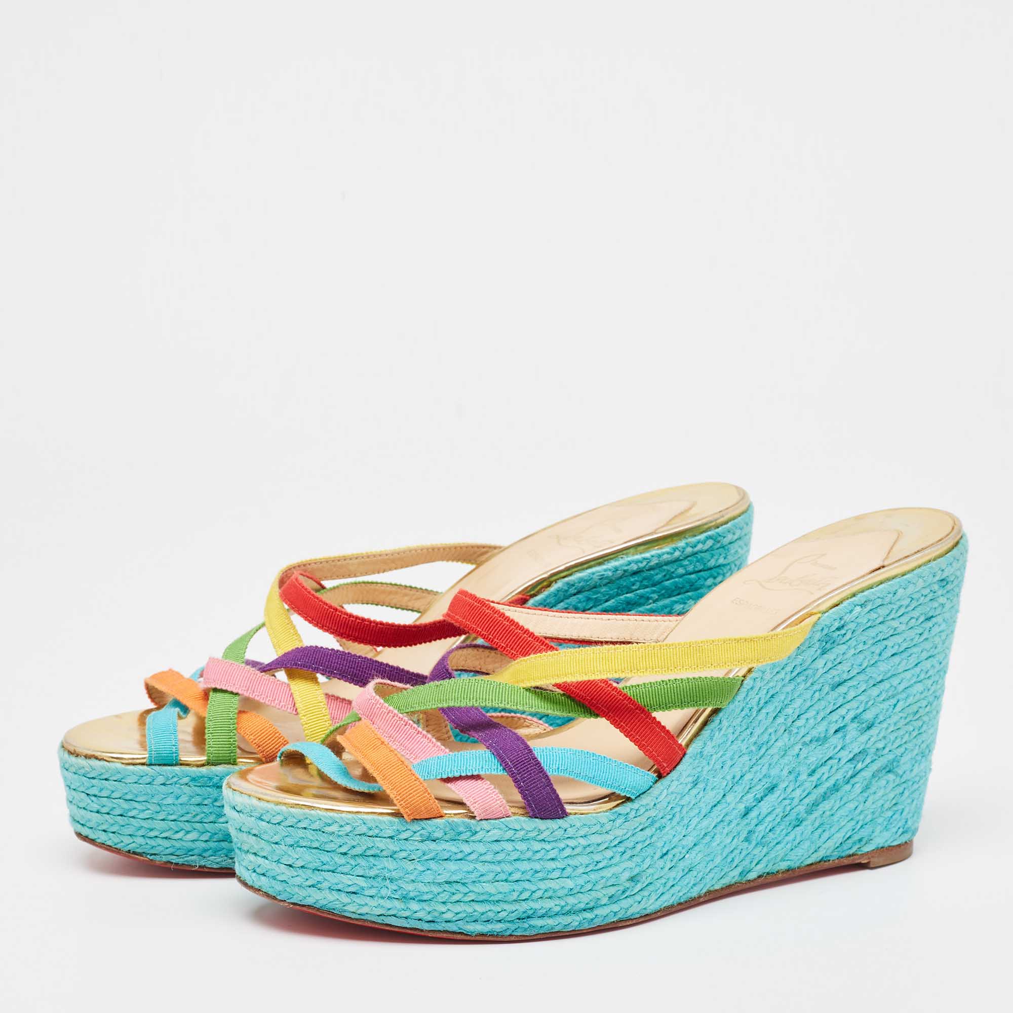 Christian Louboutin Multicolor Fabric Crepon 110 Espadrille Wedge Platform Sandals Size 40