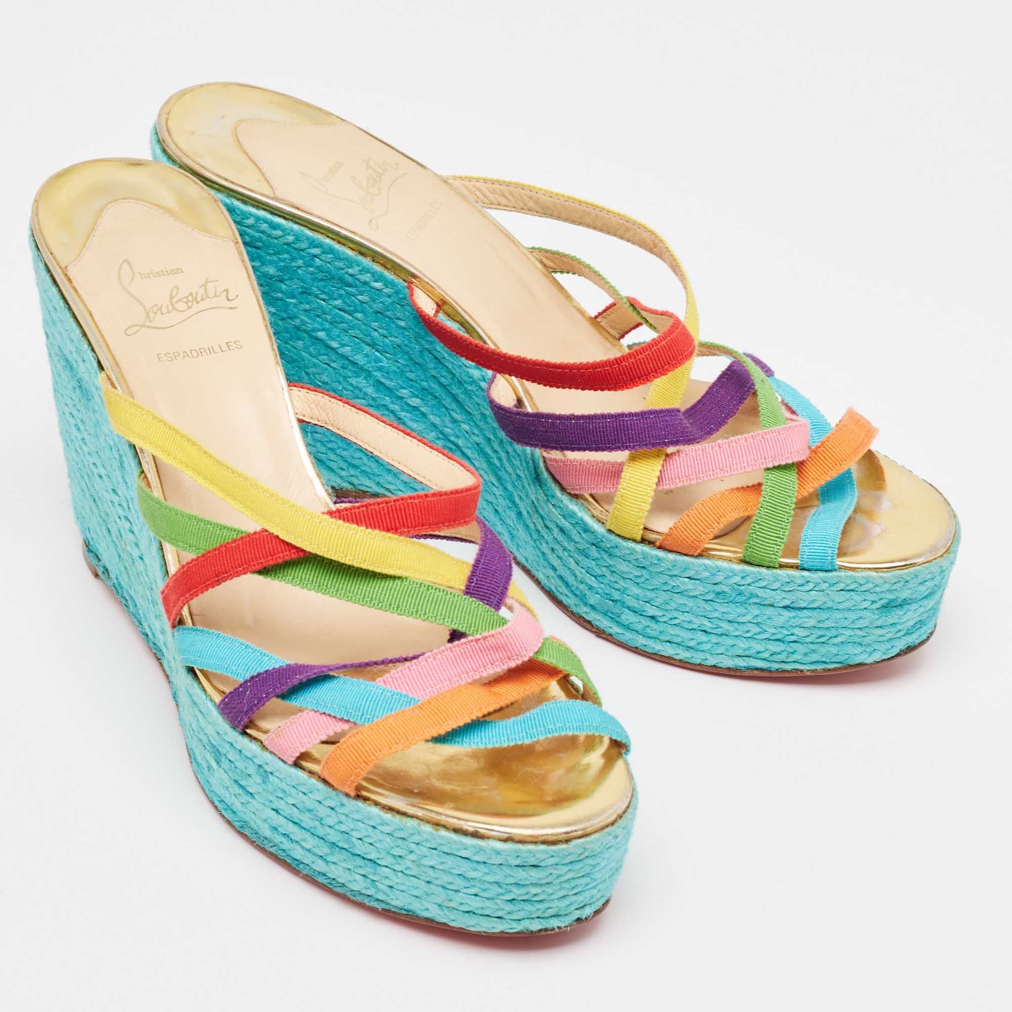 Christian Louboutin Multicolor Fabric Crepon 110 Espadrille Wedge Platform Sandals Size 40