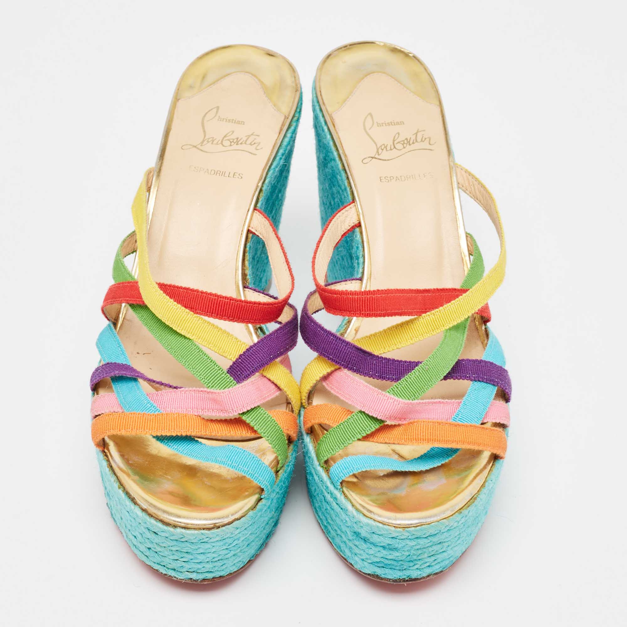 Christian Louboutin Multicolor Fabric Crepon 110 Espadrille Wedge Platform Sandals Size 40