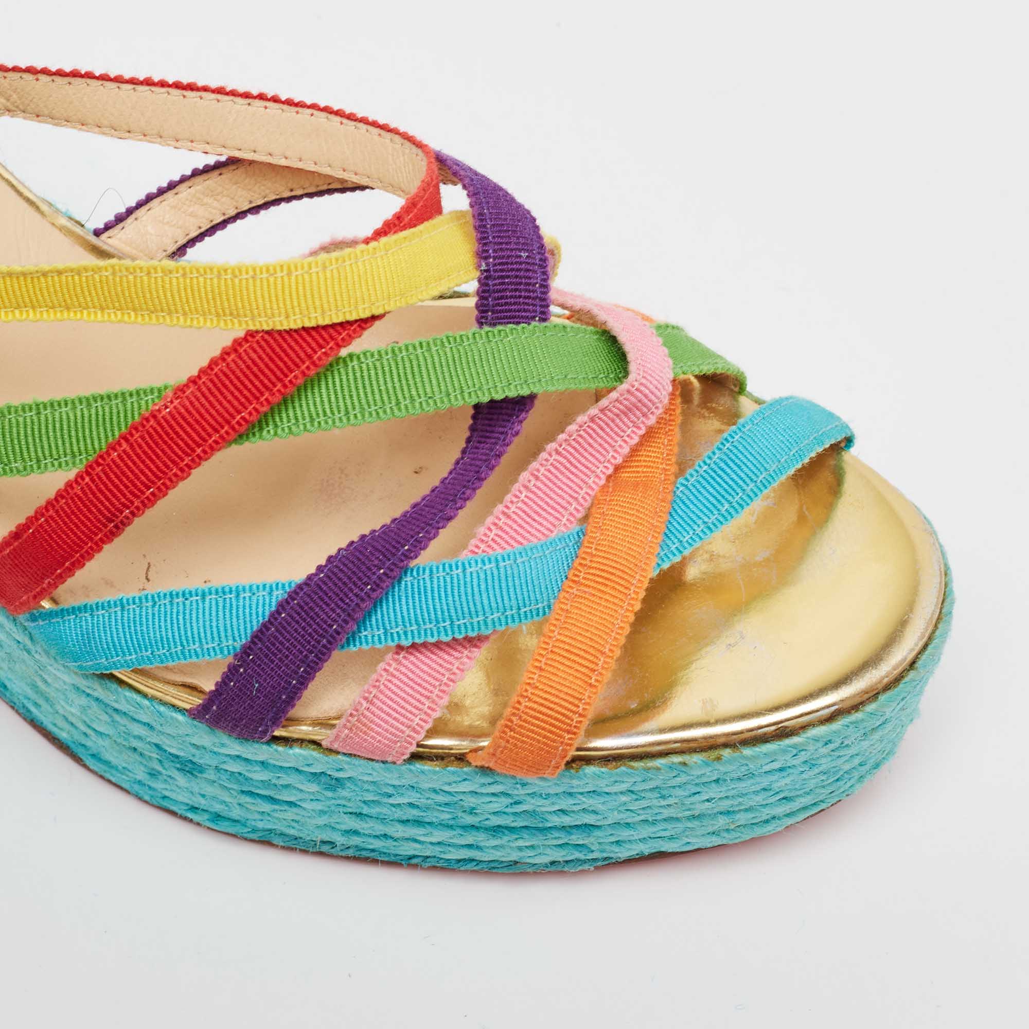 Christian Louboutin Multicolor Fabric Crepon 110 Espadrille Wedge Platform Sandals Size 40