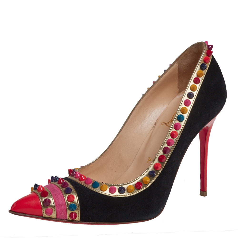 Christian Louboutin Black/Pink Suede And Leather Malabar Hill Spiked Pumps Size 36
