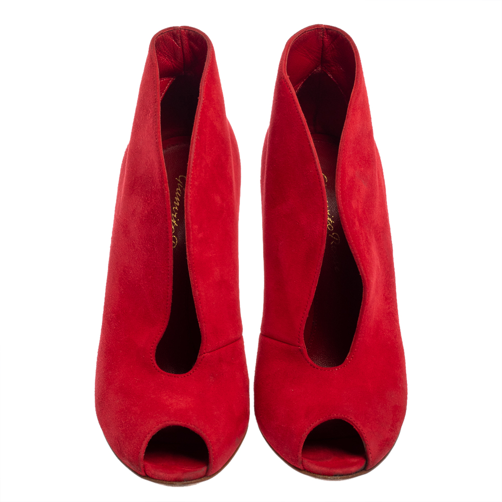 Gianvito Rossi Red Suede Vamp Peep Toe Booties Size 35.5