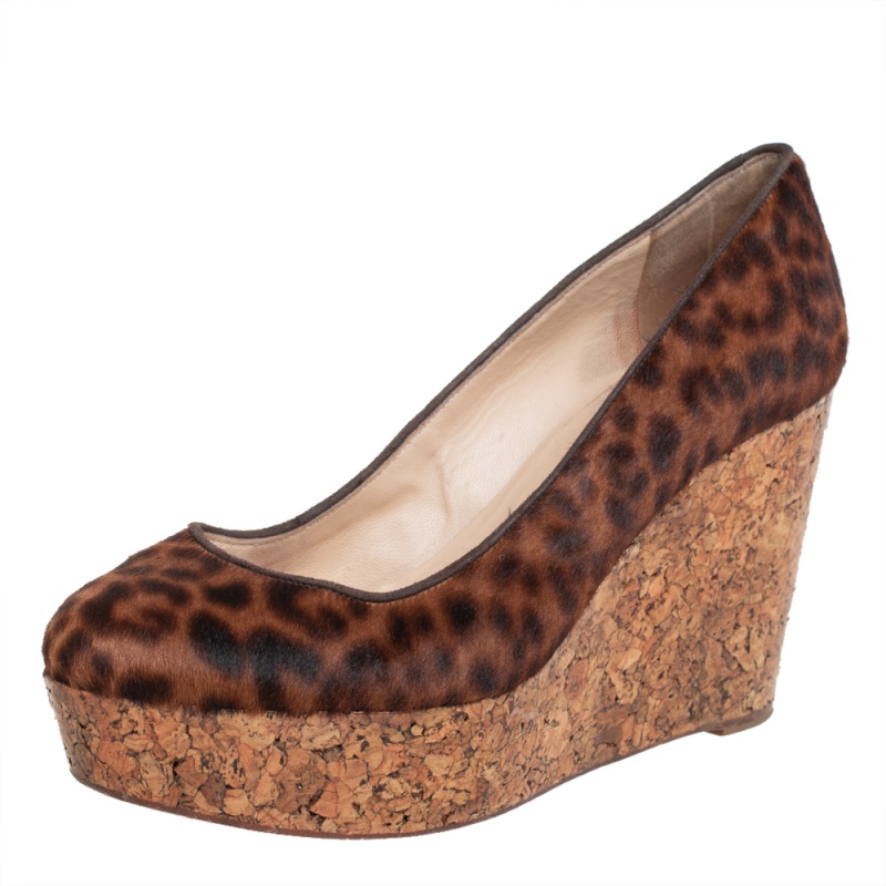 Christian Louboutin Brown Leopard Print Pony Hair Coroclic Cork Wedge Platform Pumps Size 38