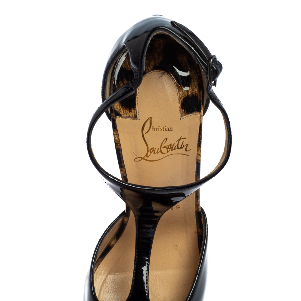 Christian Louboutin Black Patent Jilopa T Strap Platform Sandals Size 37.5