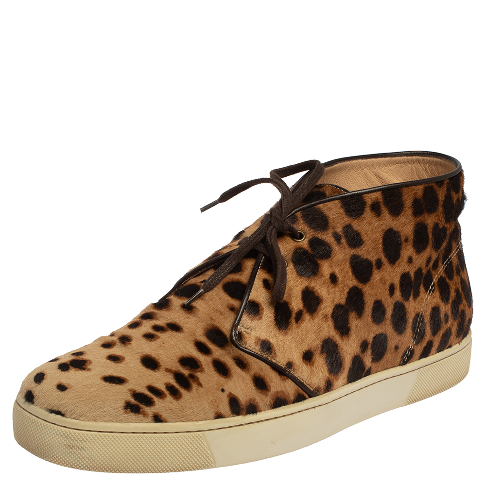 Christian Louboutin Brown Leopard Print Calf Hair Lace Up Sneaker Size 43