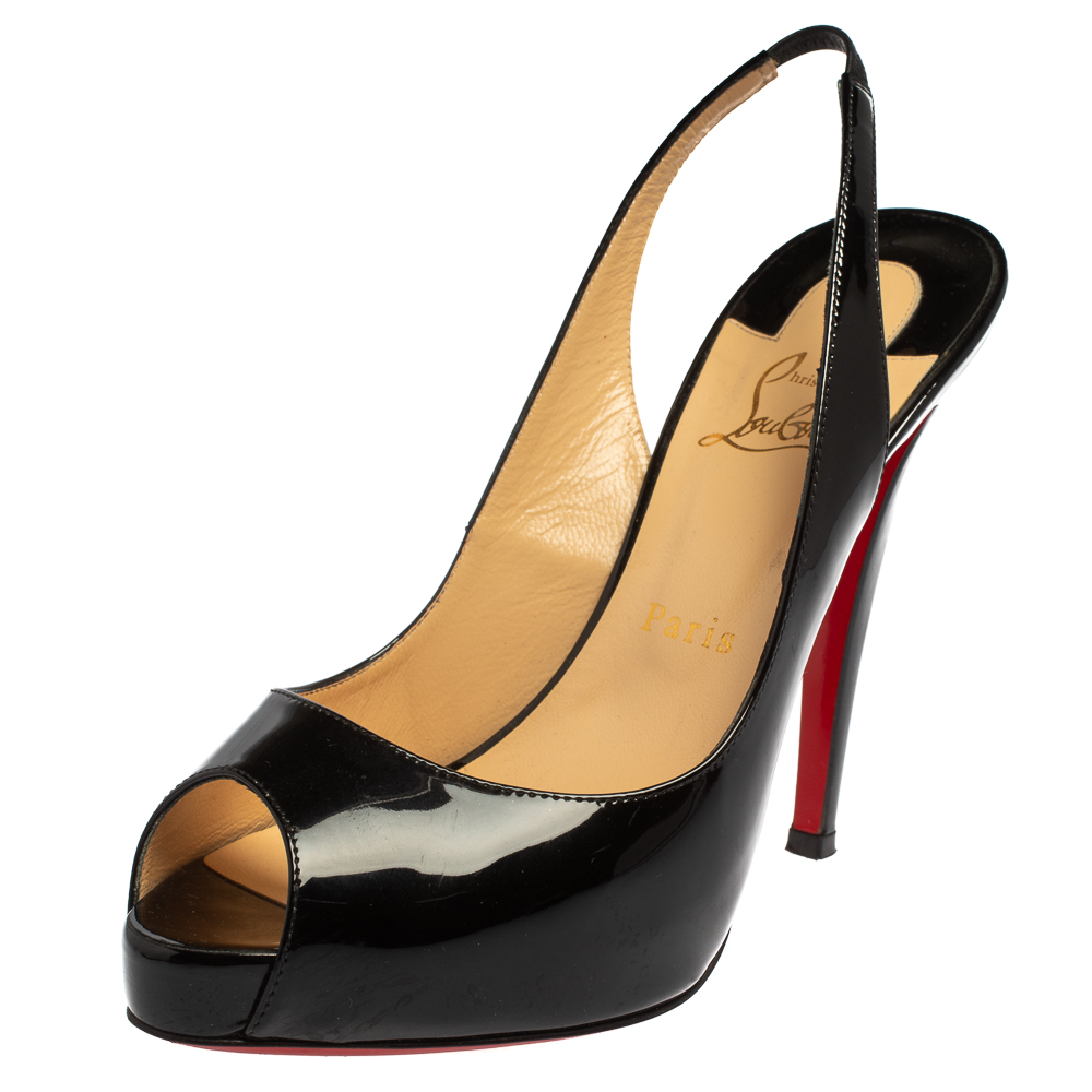 Christian Louboutin Black Patent Leather Private Number Peep Toe Slingback Sandals Size 39