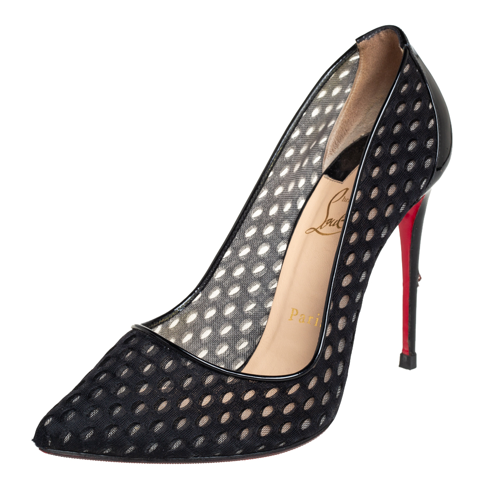 Christian Louboutin Black Fabric And Patent Leather Pointed Toe Pumps Size 38.5