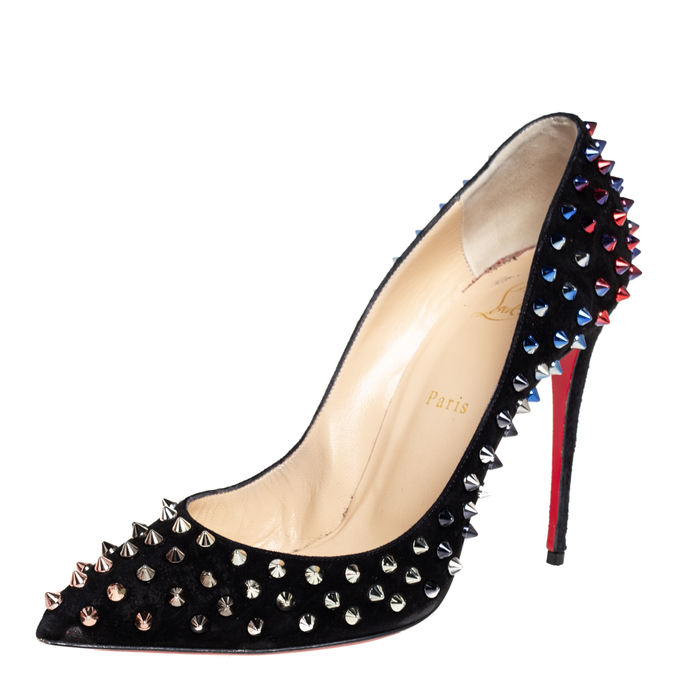 Christian Louboutin Black Suede Follies Spikes Pointed Toe Pumps Size 40