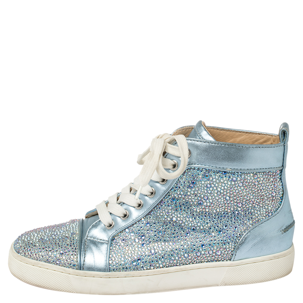 Christian Louboutin Blue Leather Embellished High Top Sneakers Size 38