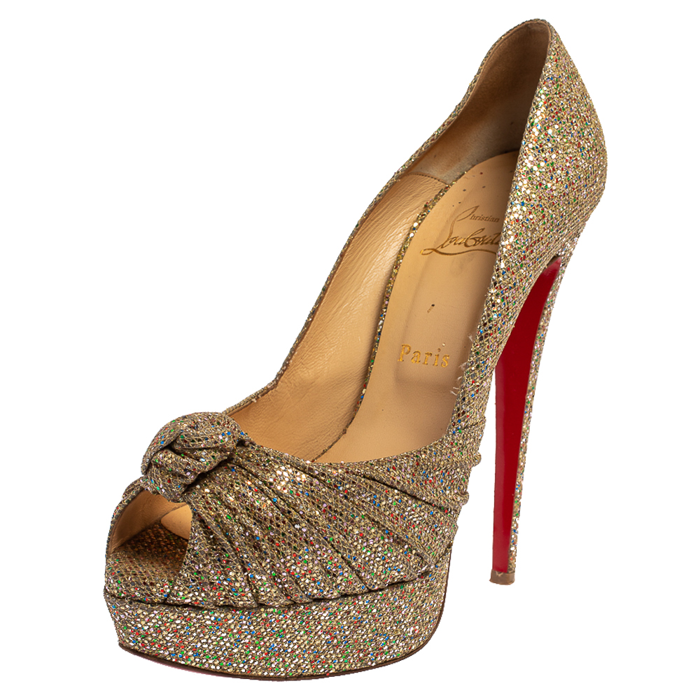 Christian Louboutin Metallic Gold Glitter Fabric Knotted Peep Toe Pumps Size 39