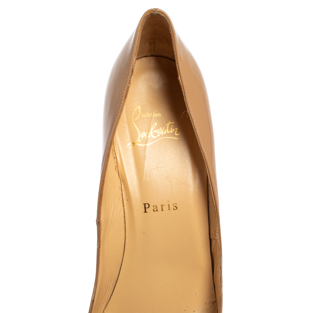 Christian Louboutin Beige Patent Leather New Very Prive Peep Toe Platform Pumps Size 39.5