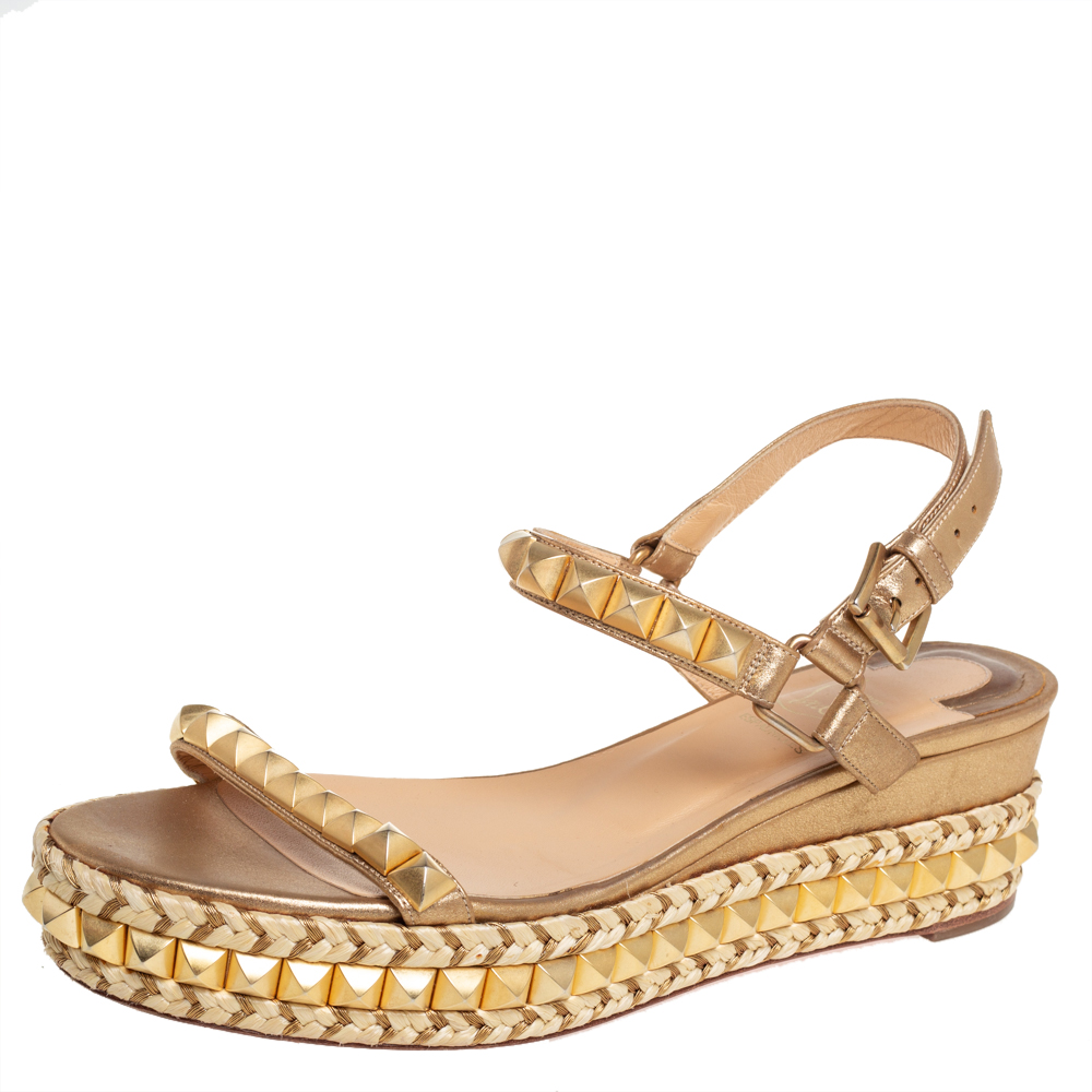 Christian Louboutin Metallic Gold Studded Leather Cataclou Espadrille Wedge Sandals Size 39