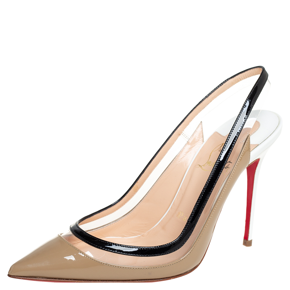 Christian Louboutin Beige/Black PVC And Patent Leather Paulina Pointed Toe Slingback Sandals Size 36