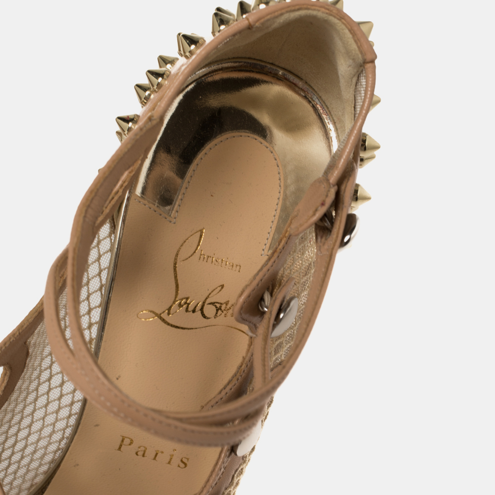 Christian Louboutin Beige Leather And Mesh Spike Strappy Sandals Size 39