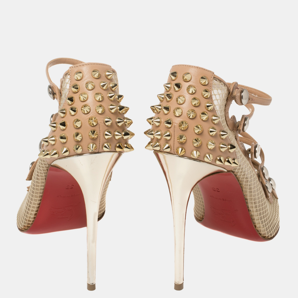 Christian Louboutin Beige Leather And Mesh Spike Strappy Sandals Size 39