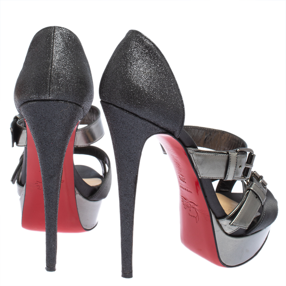 Christian Louboutin Black Glitter And Satin Ambertina Platform Sandals Size 39.5