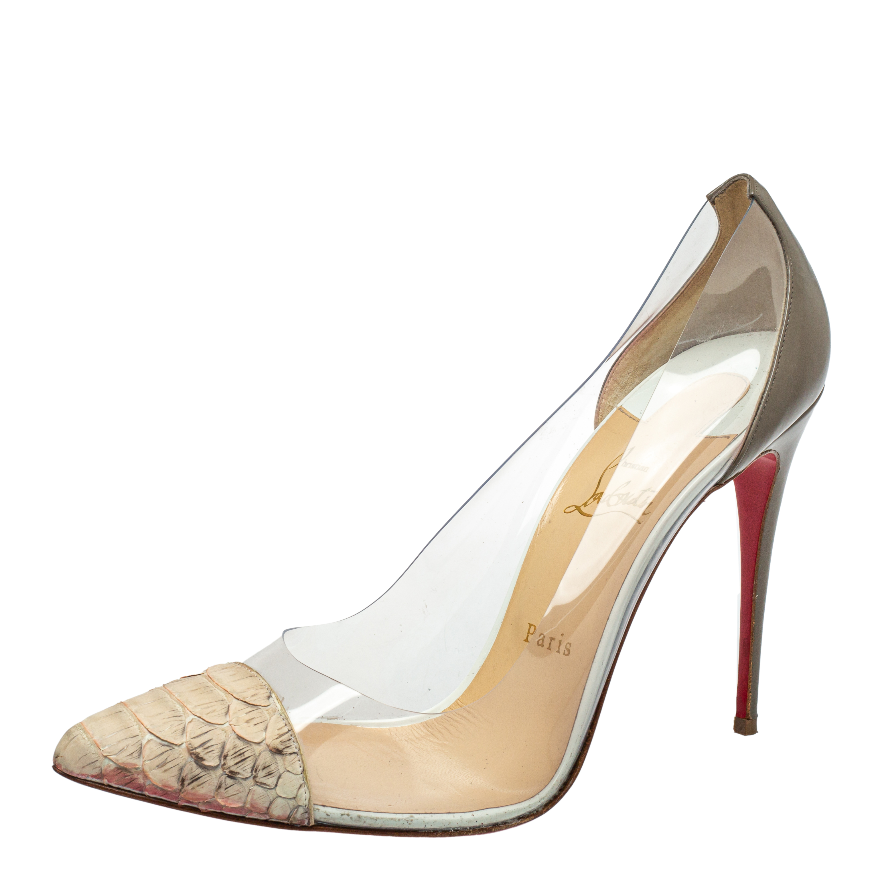 Christian Louboutin Cream/Grey Python Leather And PVC Pumps Size 41.5