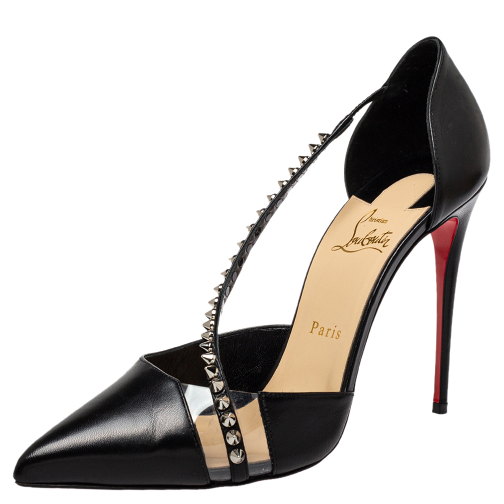 Christian Louboutin Black Leather Spike Cross D'orsay Pumps Size 41