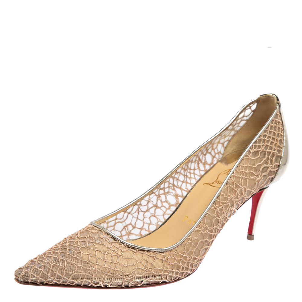 Christian Louboutin Metallic Gold Lace And Leather Saramor Pointed Toe Pumps Size 39.5