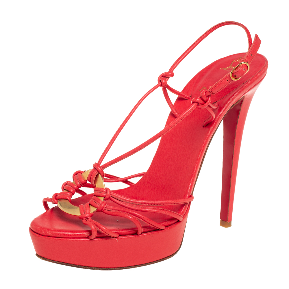 Christian Louboutin Coral Red Leather Discolilou Platform Sandals Size 39