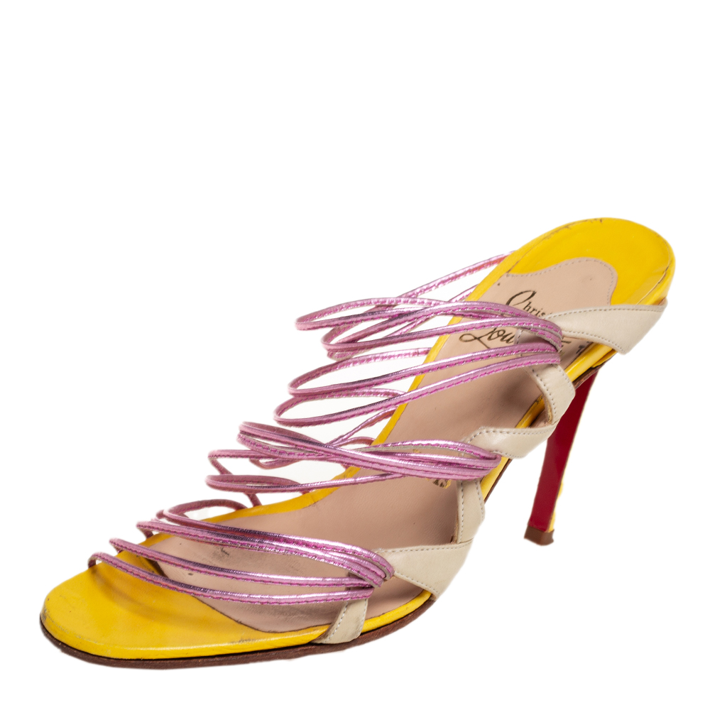 Christian Louboutin Metallic Pink And Yellow Strappy Slide Sandals Size 39
