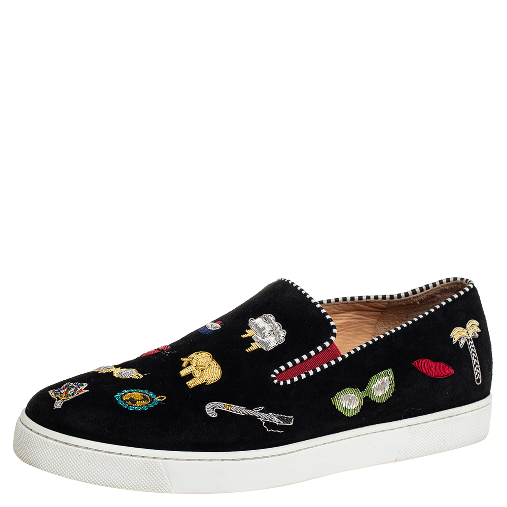 Christian Louboutin Black Suede Embellished Pik N Luck Slip-On Sneakers Size 40