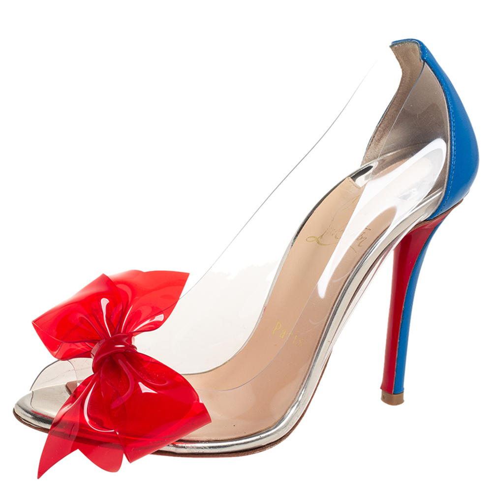 Christian Louboutin Blue/Red Leather And PVC Peep Toe Pumps Size 36