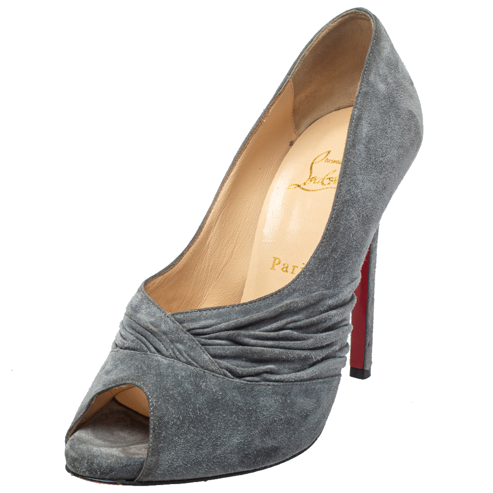 Christian Louboutin Grey Suede Lady Gres Peep Toe Pumps Size 40