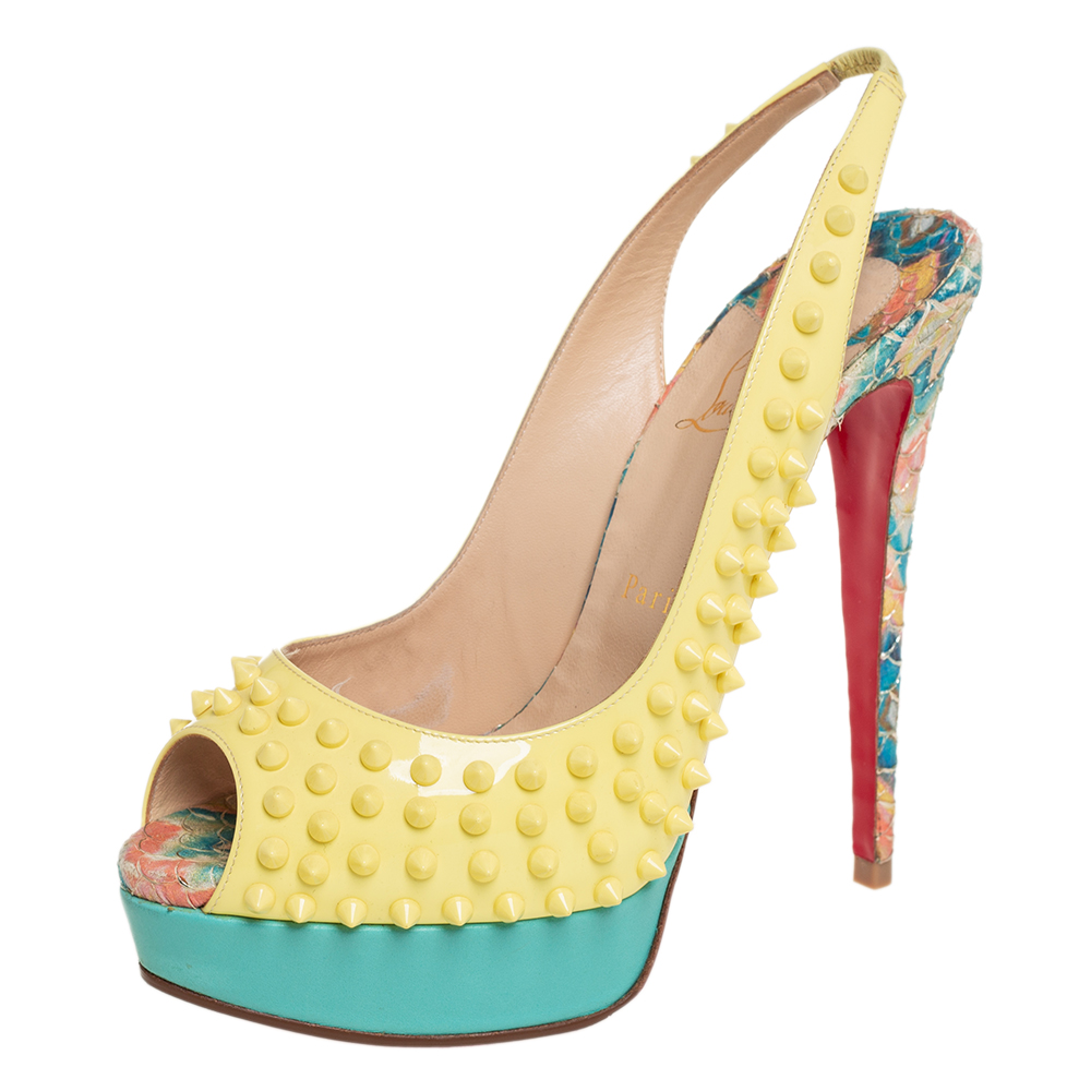 Christian Louboutin minor Python Embossed Leather And Patent Lady Peep Spike Slingback Sandals Size 40