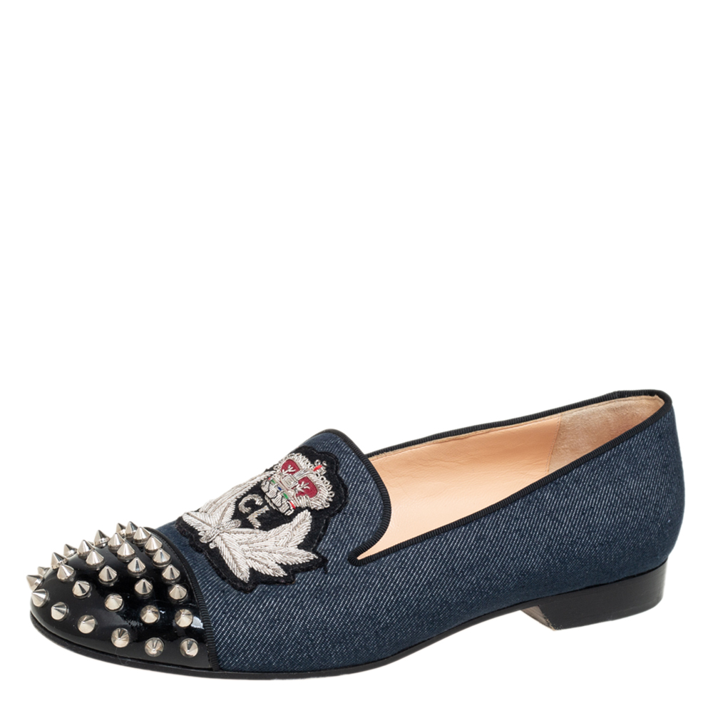 Christian Louboutin Blue Denim And Patent Leather Harvanana Spiked Smoking Slippers Size 39