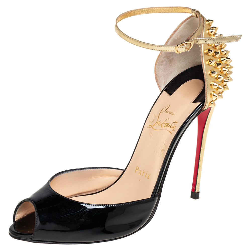 Christian Louboutin Black/Gold Patent Leather Pina Spike Ankle Strap Sandals Size 38.5