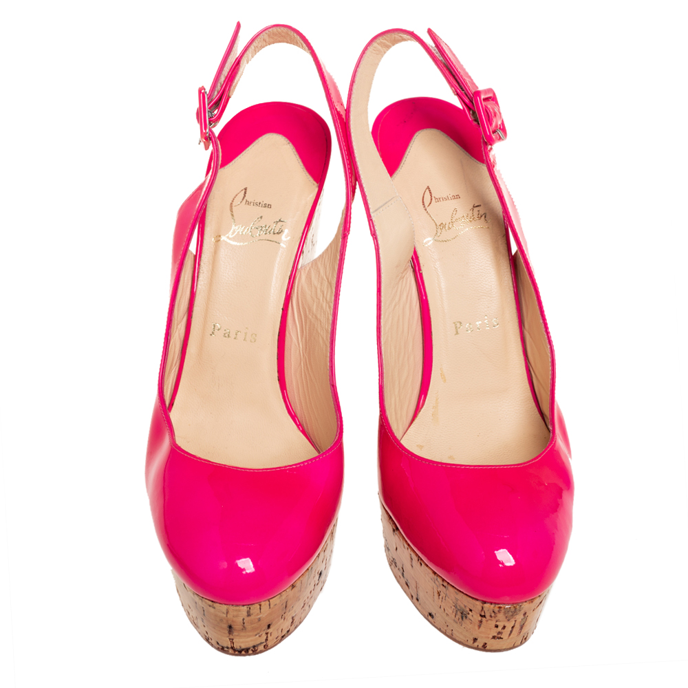 Christian Louboutin Pink Patent Leather Une Plume Cork Sandals Size 40