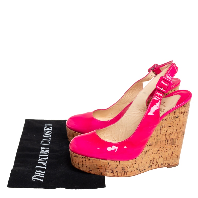 Christian Louboutin Pink Patent Leather Une Plume Cork Sandals Size 40
