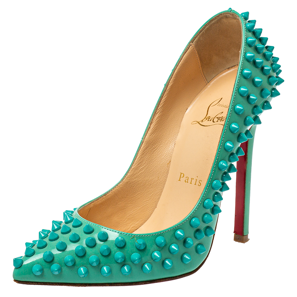 Christian Louboutin Turquoise Blue Patent Leather Pigalle Spikes Pumps Size 36.5