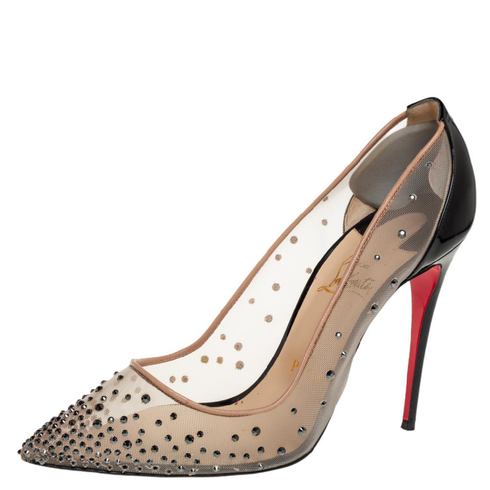 Christian Louboutin Black/Beige Mesh and Patent Leather Follies Strass Pointed Toe Pumps Size 39