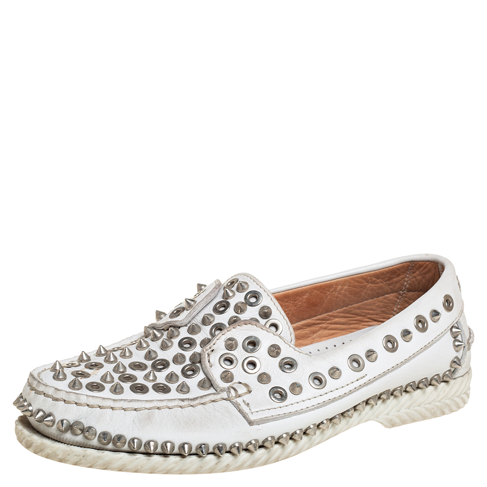 Christian Louboutin White Studded Leather Yacht Spikes Driver Loafers Size 37.5