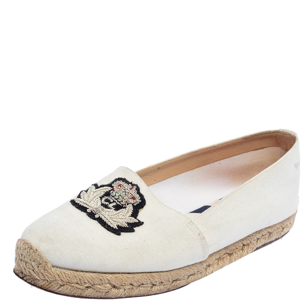 Christian Louboutin White Canvas Gala Embroidered Espadrille Flats Size 36