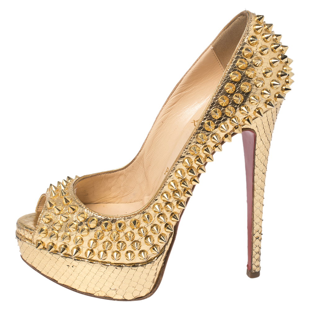 Christian Louboutin Metallic Gold Python Leather Lady Peep Toe Spike Platform Pumps Size 35