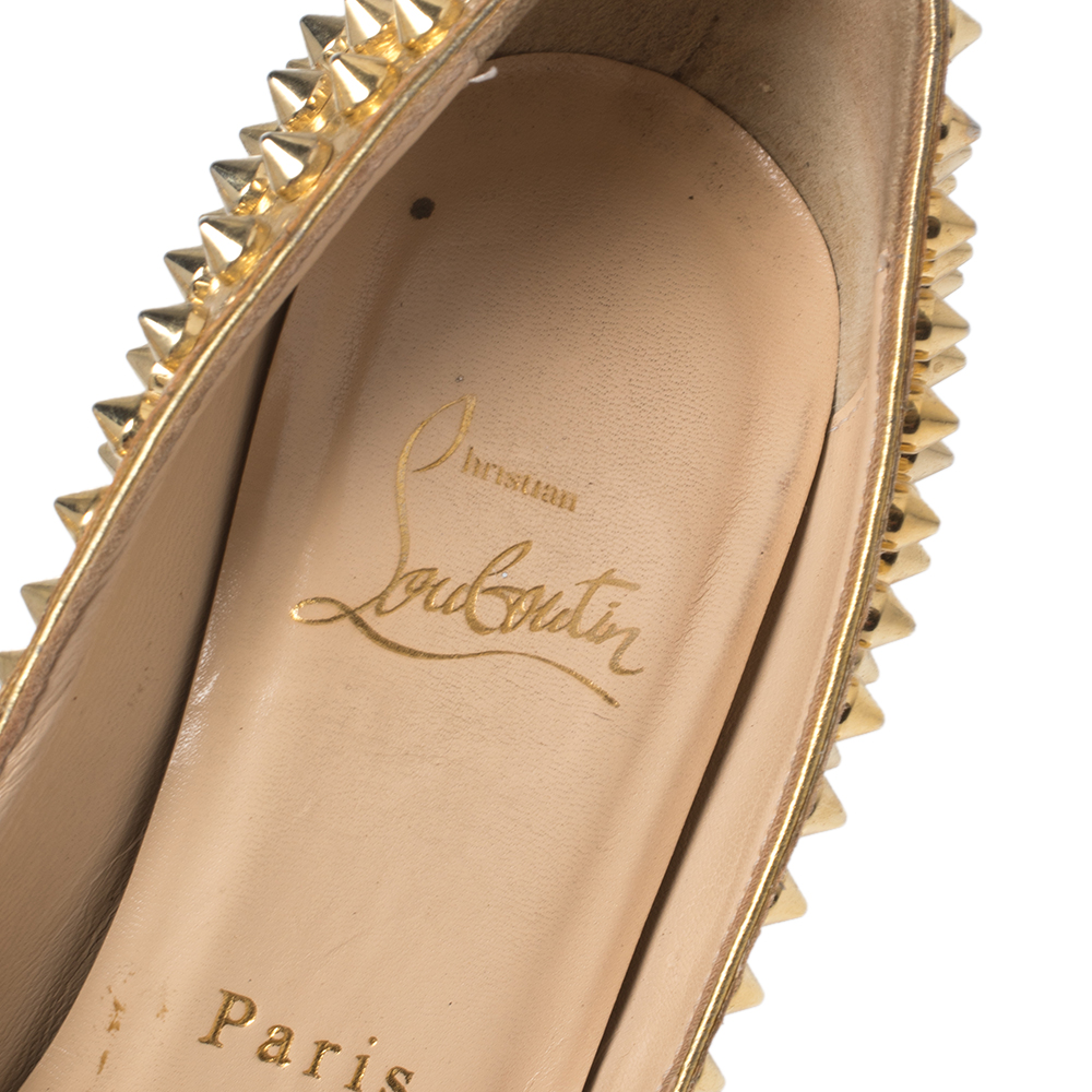 Christian Louboutin Metallic Gold Python Leather Lady Peep Toe Spike Platform Pumps Size 35