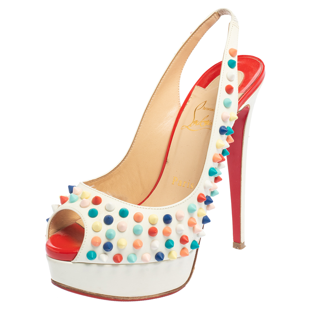 Christian Louboutin White Leather Lady Peep Multicolor Spikes Slingback Sandals Size 36.5