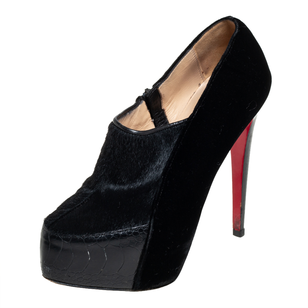 Christian Louboutin Black Satin And Pony Hair Booties Size 38